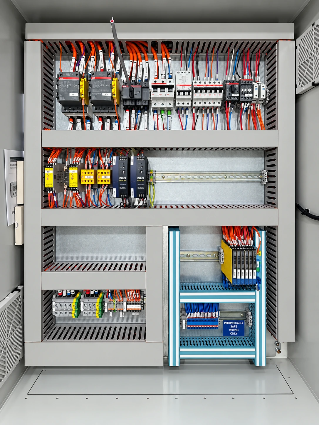 Control cabinet with a labelled intrinsically safe wiring section