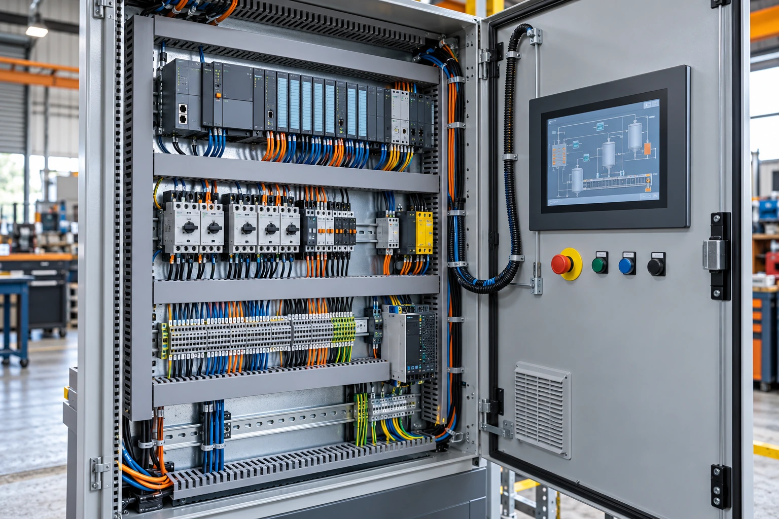 Illustrative industrial control cabinet and operator touchscreen