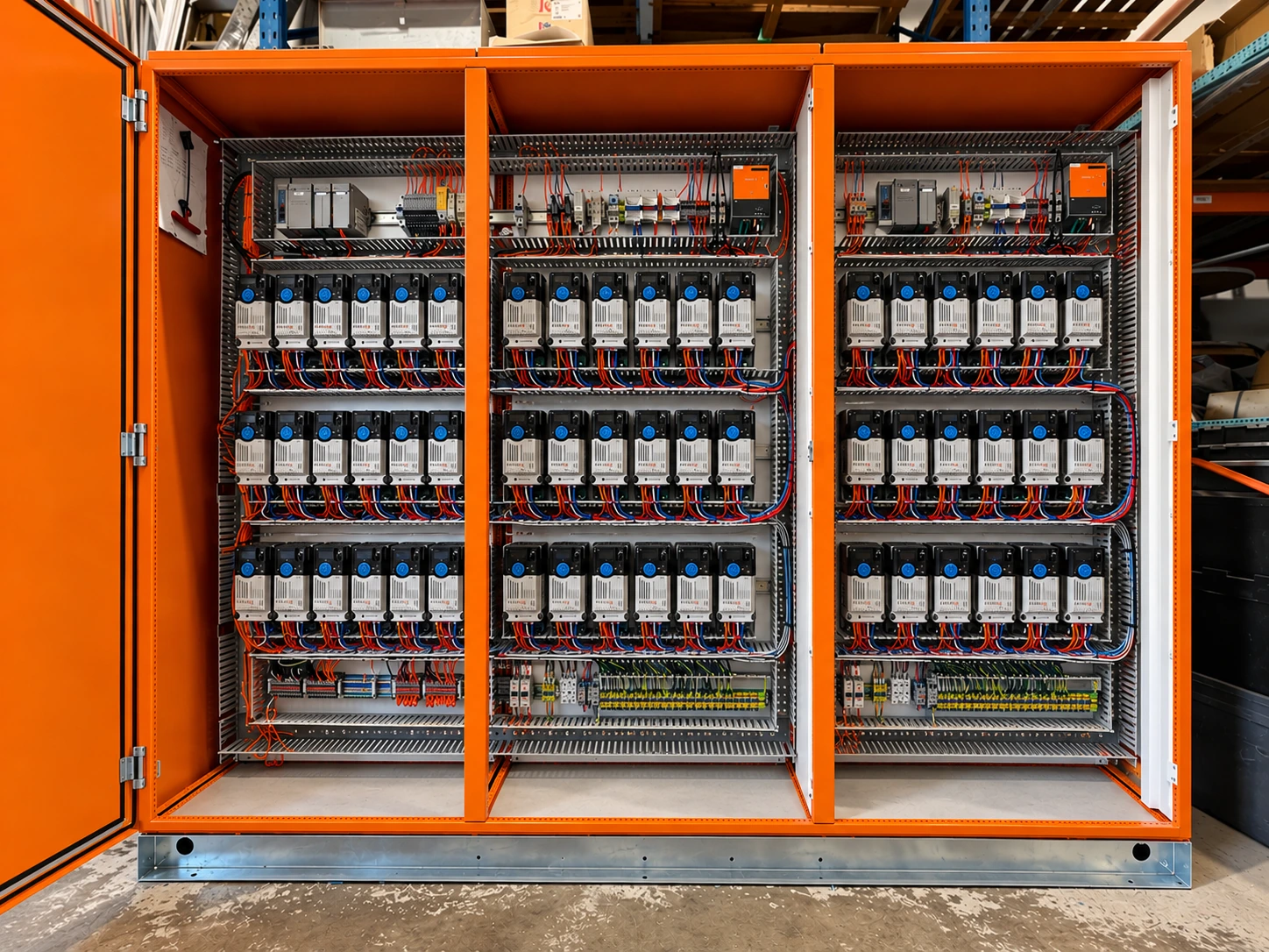 Orange multi-bay switchboard with rows of motor control equipment