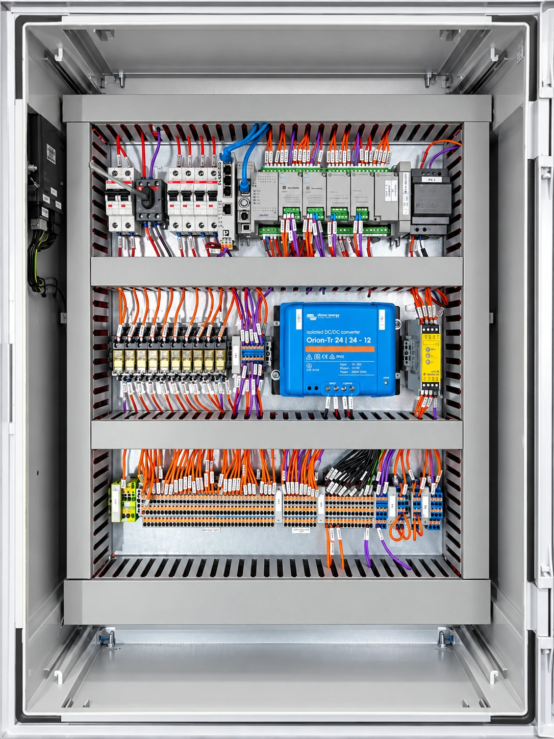 PLC control cabinet with labelled field wiring