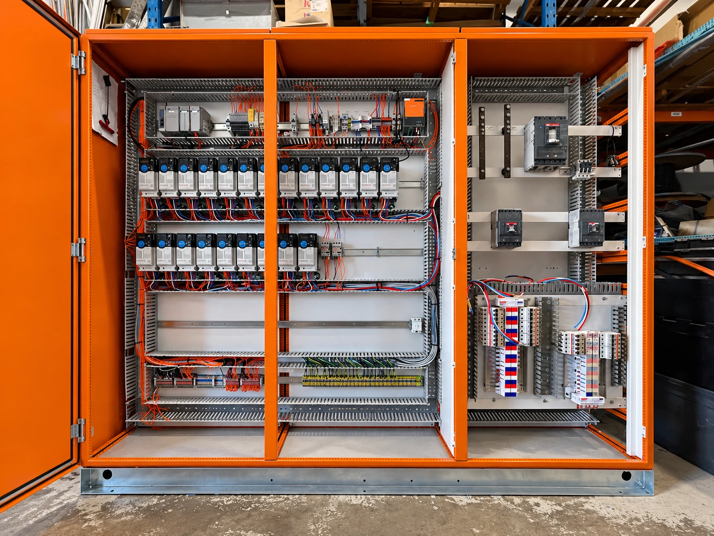 Orange multi-bay switchboard with motor controls and power distribution equipment